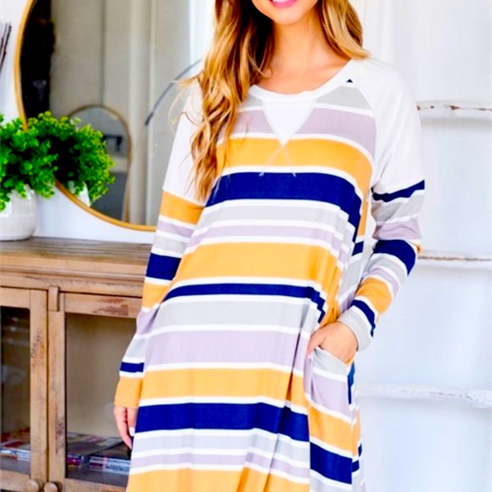 Together Clothing Medium Long sleeve scoop neck multi-yellow French Terry Dress